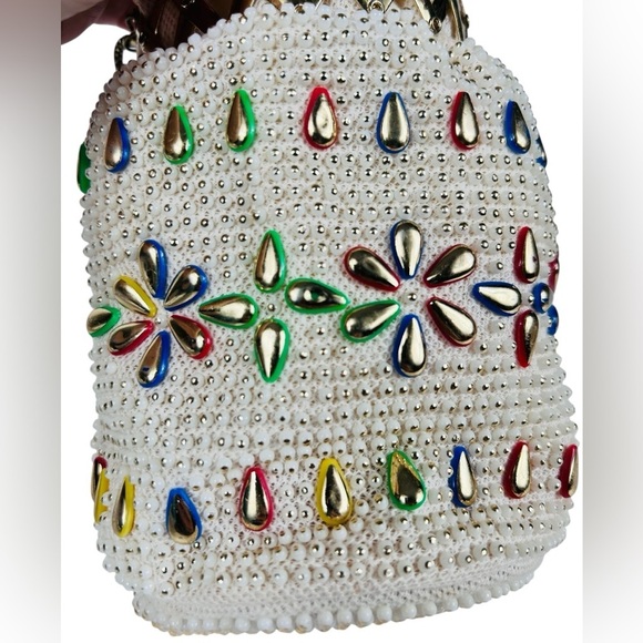 Vintage beaded & bejewelled evening bag, metal retractable closure, chain straps - Picture 6 of 13